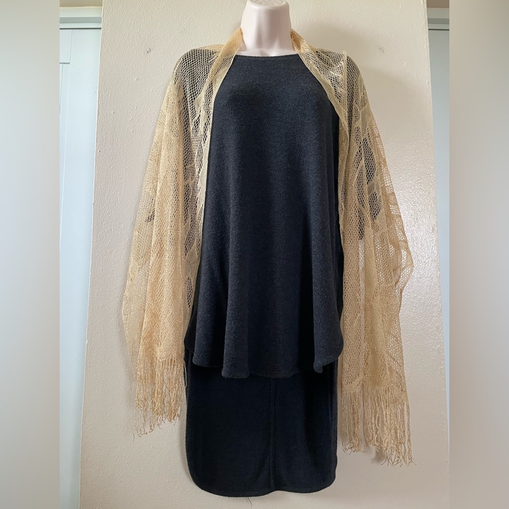 Gold Lace Knit Shawl with Asymmetrical Design - Picture 9 of 15